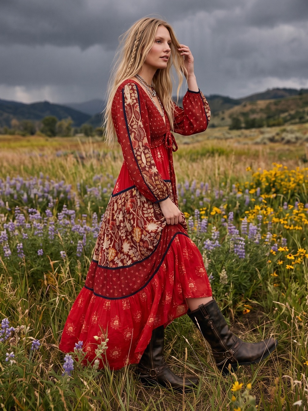 Free People Bohemian Gypsy Witchy Bali Laurel Maxi Dress Patchwork 70s Small